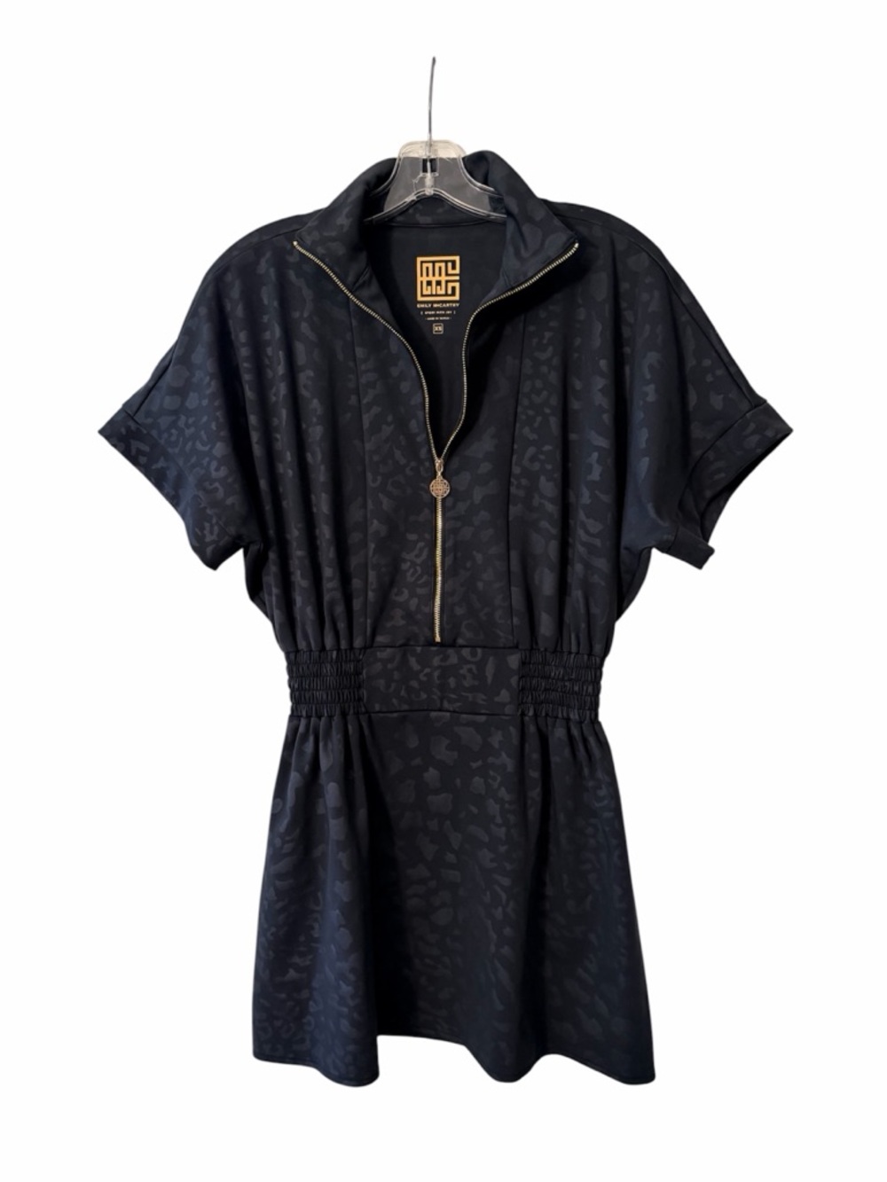 EMILY MCCARTHY Black Leopard Cheetah Animal Print Mini Dress XS Gold Detail EUC - Picture 2 of 8